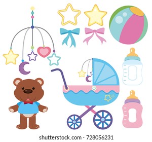 Different accessories for baby on white background illustration