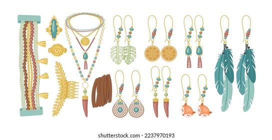 Diferentes accesorios en conjunto de ilustraciones vectoriales de estilo boho. Colección de dibujos animados de pendientes, collares, anillos aislados sobre fondo blanco. Accesorios, moda, concepto de belleza