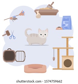 Different accessories for cats. Stock vector illustration. Cat food, scratching post, pet cage, cat bed, toilet, toys, teaser, comb, scissors.