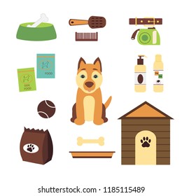 Different accessories (food, shampoo, bowl,  toys, ball)  for domestic pet, set. Vector illustration isolated on white background. Set of pet shop icons. 