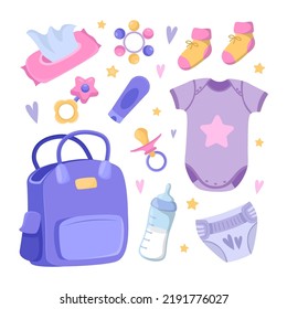 Different accessories for infants vector illustrations set. Bag of mother, clothes for children, nappy or diaper, bottle, rattle isolated on white background. Baby care, maternity, traveling concept