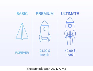 Different account plans for website. Infographics on isolated background. Thin line design. Rocket icons. Concept web design, website page development. Web banner