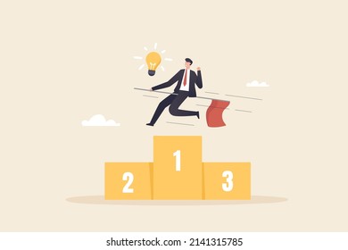 Different achievements, winner's success businessman standing or riding a red flag on winner podium. Business champion succeed to get reward, winning number one.