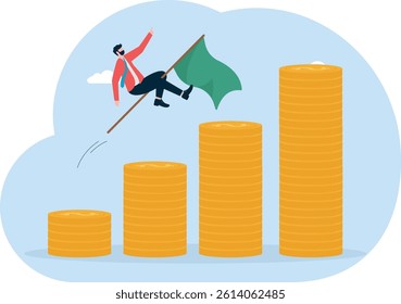 Different achievements, winner's success businessman standing or riding a red flag on winner podium.

