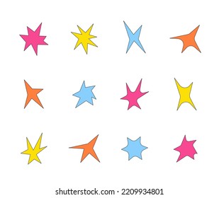 Different acid shapes of stars, space stars, sunbeams, glare and flares in flat style. Colored y2k deformation retro grunge elements
