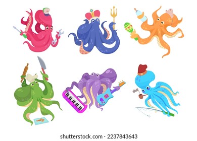 Different actions of comic octopuses vector illustrations set. Colorful sea creature cartoon characters with musical instruments, knife, wrench, trident on white background. Marine life concept