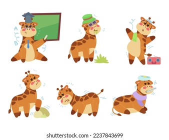 Different actions of cute comic giraffe vector illustrations set. Collection of cartoon drawings of funny animal character teaching, doing sports, eating grass. Nature, wildlife, education concept