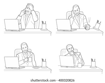 Different actions and emotions of men. Talking, anger, calm, dreaming.  Black vector illustration isolated on white background 
