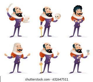 Different Actions Icons Set Actor Theater Stage Man Characters Medieval Cartoon Design Template Vector Illustration