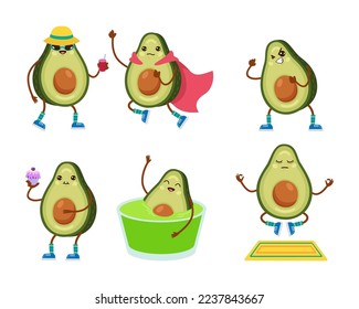 Different activities of comic avocado vector illustrations set. Vegetable cartoon character bathing, meditating, eating cupcake isolated on white background. Emotions, healthy lifestyle concept