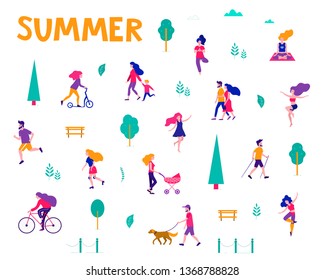Different activities of people in the summer city. People in the park. Vector flat illustration.
