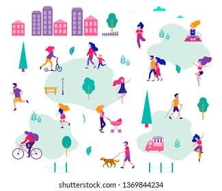 Different activities of people in the summer city. People in the park. Vector flat illustration.