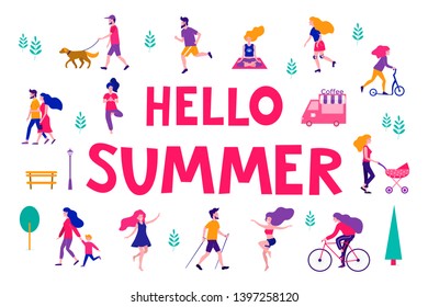 Different activities of people in the summer city. People in the park. Vector flat illustration.