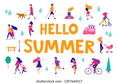 Different activities of people in the summer city. People in the park. Vector flat illustration.