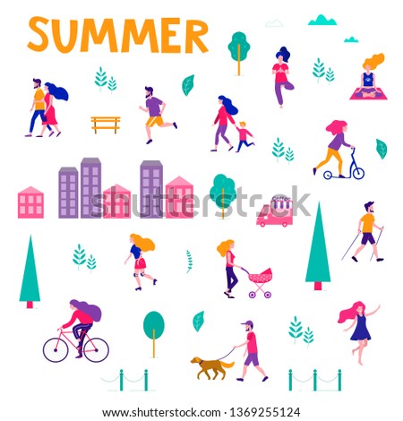 Different activities of people in the summer city. People in the park. Vector flat illustration.