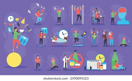 Different activities of various aspects of healthy lifestyle, including exercise, balanced nutrition, sleep, and mindfulness practices. Daily wellness routines concept