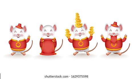 Different Activity of Cartoon Rat holding Chinese Gold with Blank Scroll Paper given for your message on White Background.