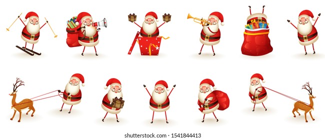 Different activity of santa claus character with gift sack, trumpet and reindeer on white background.