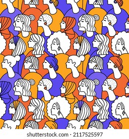 Different adult women's head seamless pattern background. Feminist International Women's, Mother's Day. Women support, girl power. Hand drawn line drawing doodle vector illustration