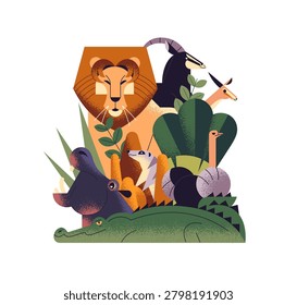 Different African animals. Wild lion, hippo, crocodile, antelopes, ostrich, leaves in geometric style. Nature of Savannah, wildlife of Africa, Safari life. Flat isolated vector illustration on white
