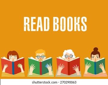 Different age cartoon  people reading books.Illustration. Vector background.