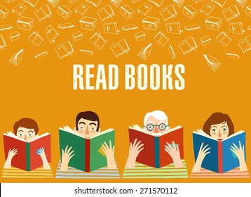 Caricaturas de diferentes edades leyendo libros. Ilustración. Fondo vectorial.