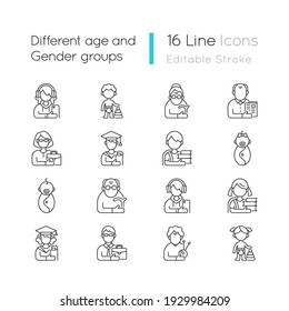 Different age and gender groups linear icons set. Aging process. Child development. Teen. Senior citizen. Customizable thin line contour symbols. Isolated vector outline illustrations. Editable stroke