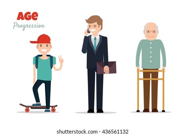 Different age groups of european man. Generations man. Stages of development man - infancy, childhood, maturity, old age. Vector flat illustration