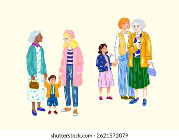 Verschiedene Altersgruppen. Handgezeichnete Illustration von Frauen und Kindern. Liebe Familie, Elternschaft, Zusammengehörigkeit. Muttertag.