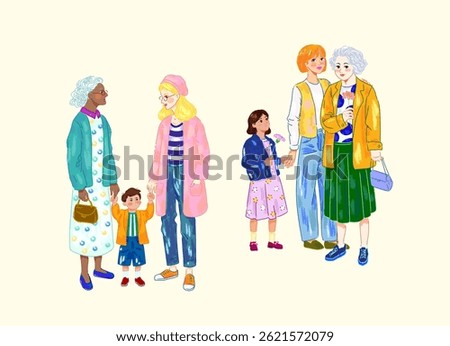 Different age groups. Hand-drawn style illustration of women and children. Loving family, parenthood, togetherness. Mother's Day.