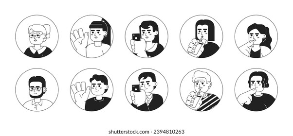 Different ages asians black and white 2D vector avatars illustration bundle. Korean women, japanese men outline cartoon character faces isolated. Adult asian casual flat user profiles image collection