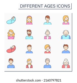 Different ages color icons set. Generations. Newborn, teenagers, adulthood and retirement. Life cycle concept. Isolated vector illustrations