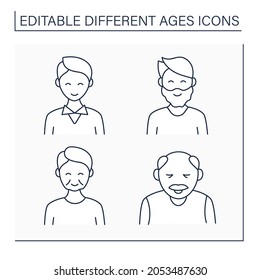 Different ages line icons set. Generations. Newborn, teenagers, adulthood and retirement of male life. Life cycle concept. Isolated vector illustrations. Editable stroke