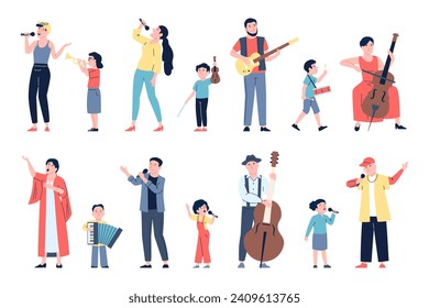 Different ages musicians. Children and adults play music instruments and sing. Musical lessons, creativity development recent vector characters