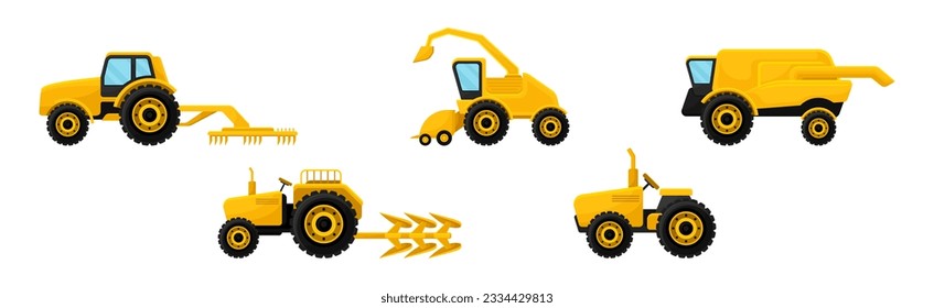 Different Agriculture Machinery and Industrial Farm Equipment Vector Set