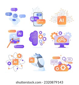 Different AI elements and services vector illustrations set. Collection of cartoon drawings of chatbot, image generator, machine learning. Artificial intelligence, future, modern technology concept