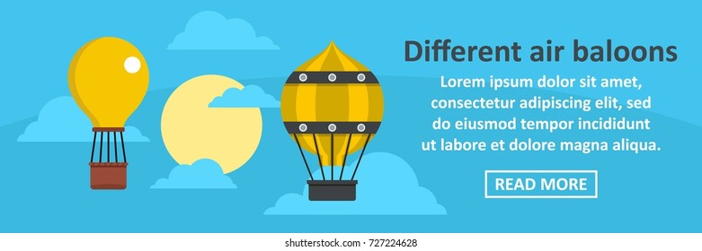 Different air balloons banner horizontal concept. Flat illustration of different air balloons banner horizontal vector concept for web design