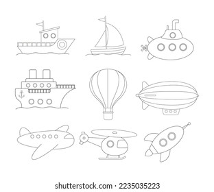 Different air and water transport vector doodles set. Hand drawn ship, sailing boat, submarine, hot air balloon, airplane, rocket isolated on white background. Transportation, traveling concept