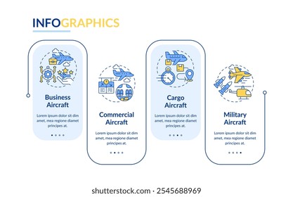 Different aircraft categories rectangle infographic vector. Avionics, business. Commercial airplanes. Data visualization with 4 steps. Editable rectangular options chart