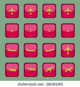 Different airplane icons on a red button, vector illustration