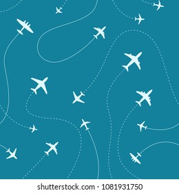 Diferentes aviones recorren la ilustración vectorial. Patrón transparente