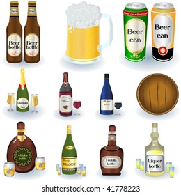 Different alcohol beverages with a barrel and bottles.