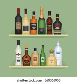 Different alcohol bottle on the shelf. Alcohol drinks and beverages. Shelf with bottles at the bar. Flat design style, vector illustration.