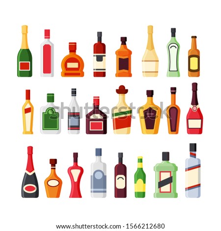 Different alcohol glass bottles flat vector icons color set. Bar beverages, booze collection. Wine, whiskey, rum, vodka, cognac, tequila drinks. Liquors cartoon illustrations isolated on white