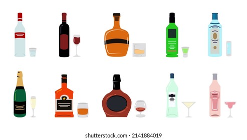 Different alcoholic drinks in bottles and glasses. Alcohol bottles and glasses. Collection of alcoholic drinks for menu, cafe, restaurants, pubs, banner, poster, advertising