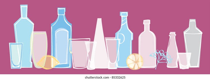 Different alcoholic drinks bottles and glasses in row