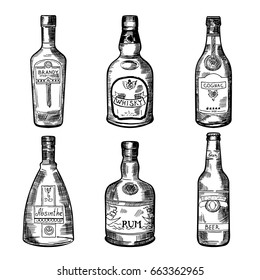 Different alcoholic drinks in bottles. Vector illustration in hand drawn style. Sketch of bottles absinthe, rum and cognac