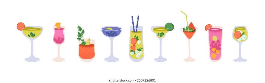 Different alcoholic drinks set. Various cocktails with gin, whiskey, juice and fruit. Hard and light booze with ice cubes. Tropical beverages in glasses. Flat isolated vector illustrations on white