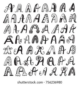 Different A-letters. Hand drawn vector lettering, doodle set of decorative elements, figures.