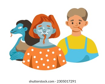 different alien races on Earth hiding in human body disguise. Conspiracy theory and twisted plots and schemes believers. Personages with snake tongue and skin. Vector in flat style illustration